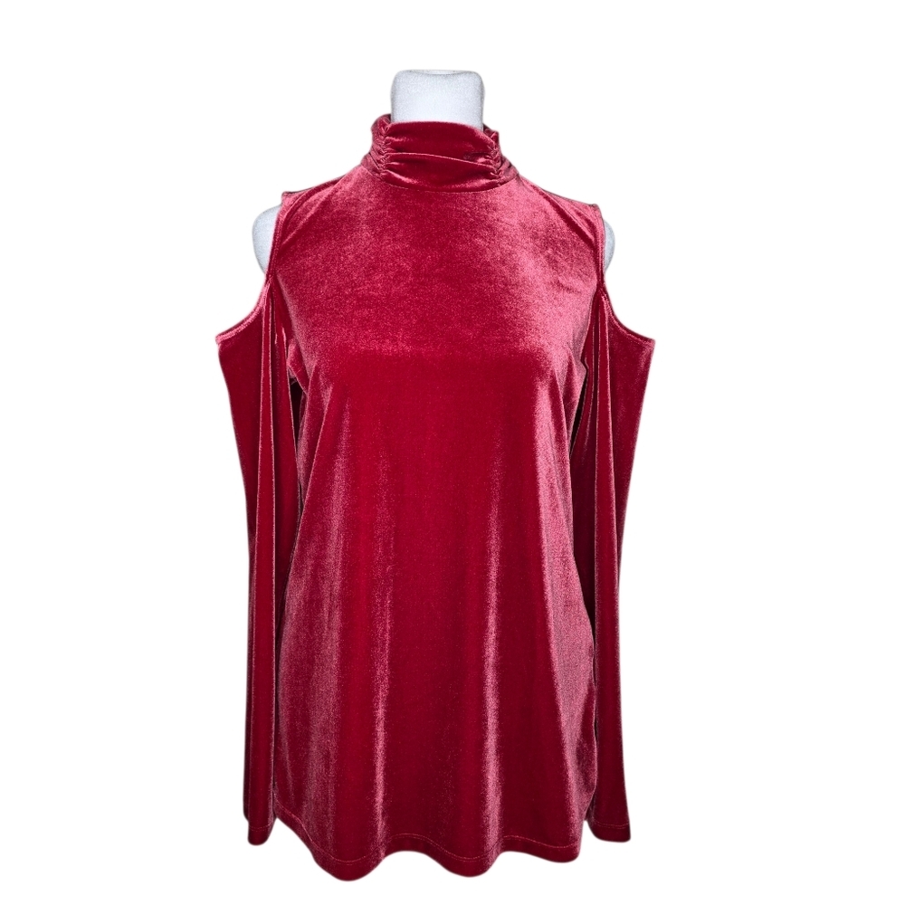 Susan Graver Womens Red Velour Cold Shoulder Long Sleeve Blouse Size XS